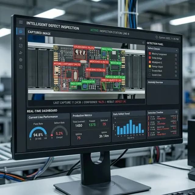 AI defect detection software showing PCB inspection results
