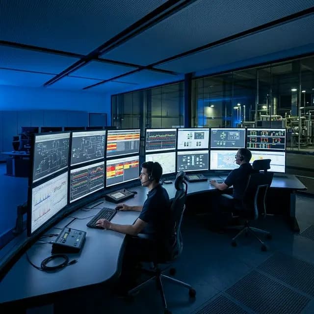 Industrial SCADA control room with AI-powered monitoring systems