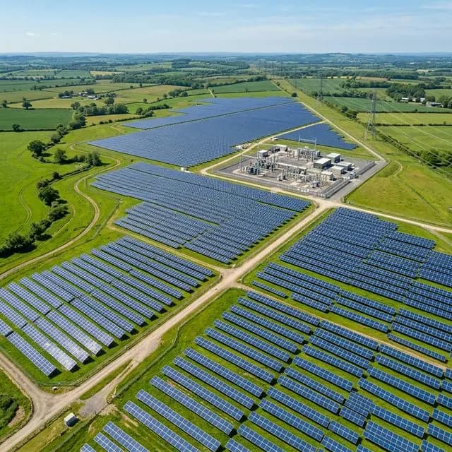 Aerial view of commercial solar farm with AI monitoring