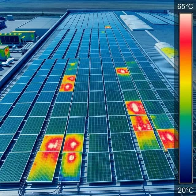 Thermal infrared inspection of solar panels showing defects